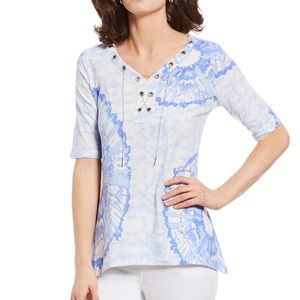 Multiples Tie-Dye Print Short Sleeve Laced V-Neck